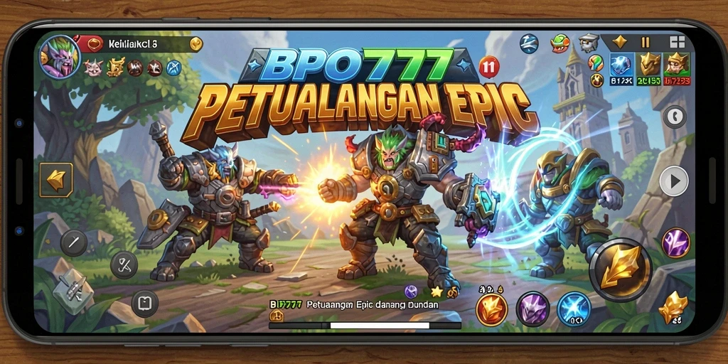 Tangkapan layar utama BPO777 menunjukkan aksi pertarungan yang mendebarkan dalam gameplay RPG.