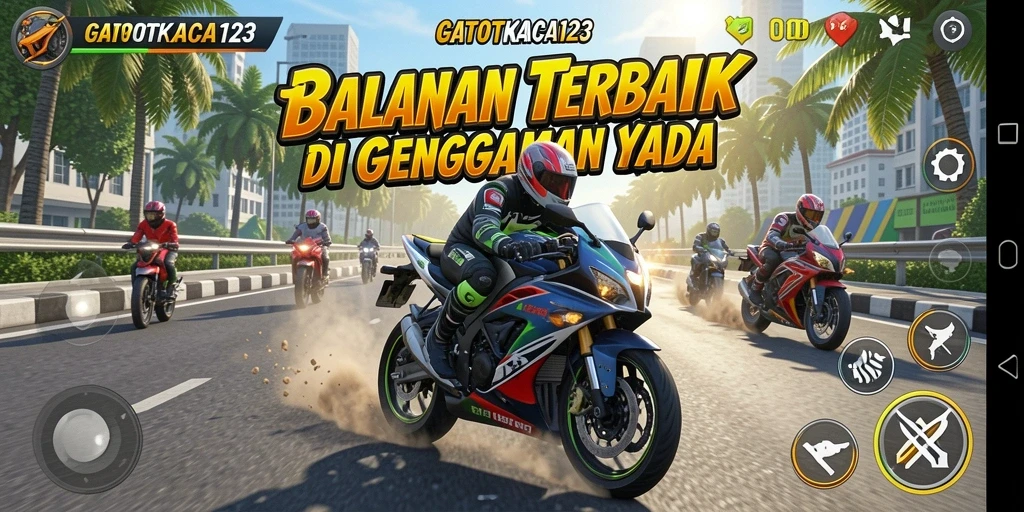 Gameplay menegangkan GATOTKACA123 saat berlomba di trek balapan.