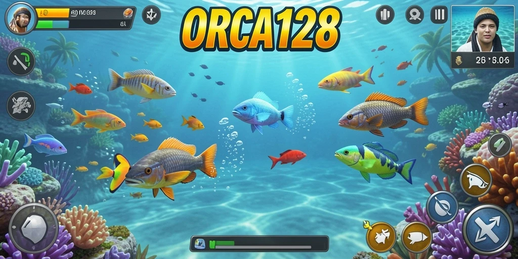 Tampilan gameplay seru di ORCA128 saat menembak ikan.
