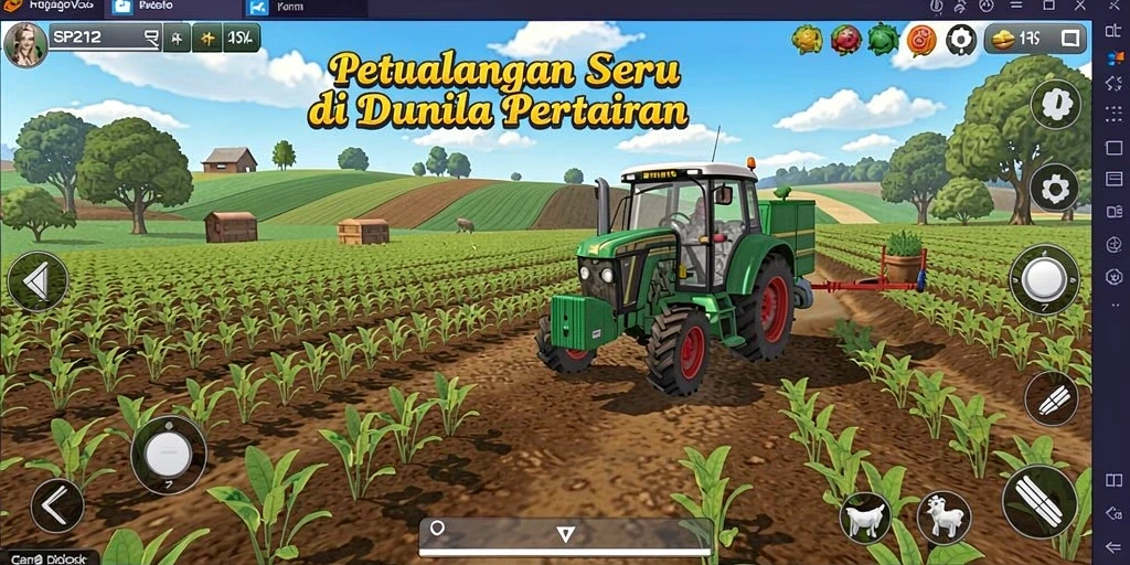 Tangkapan layar gameplay SP212 yang memperlihatkan pertanian yang indah dan aktif.