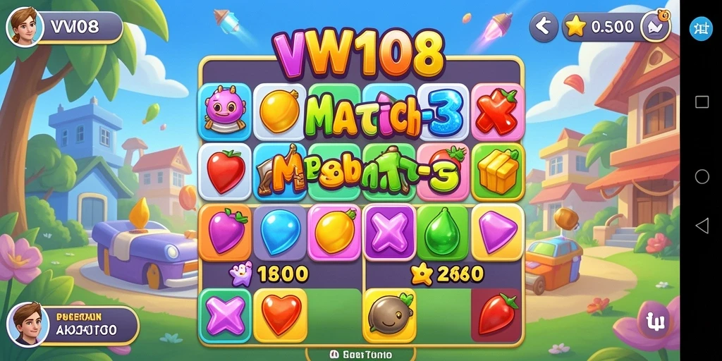 Tangkapan layar menunjukkan gameplay seru dari VW108 dengan tantangan Match-3.