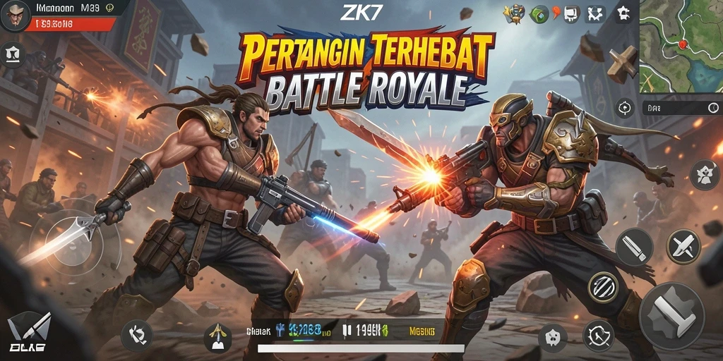 Tangkapan layar utama ZK7 menampilkan aksi mendebarkan dari gameplay Battle Royale.